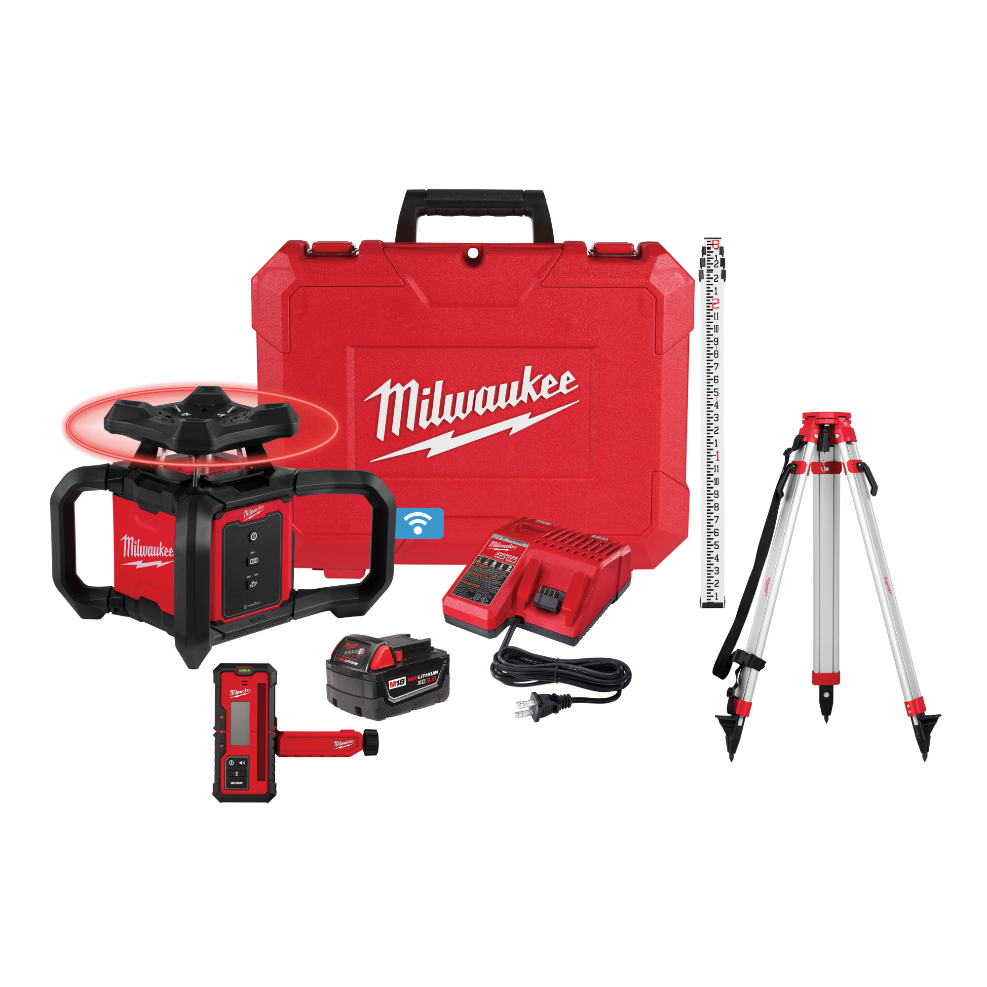 Milwaukee, M18 2000ft. Red Exterior Rotary Laser Level Kit, Level Type Laser, Accuracy 0.06 in, Model# 3701-21T